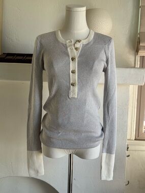 Faherty Cotton Cashmere Ribbed Henley Top NWT Gray Ivory Slim Fit S